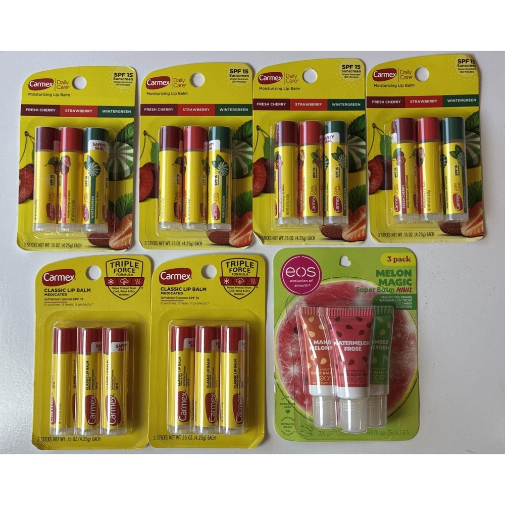 LOT OF 21 Lip Balm Carmex Classic Carmex Fruit Flavored and Eos Watermelon (19)